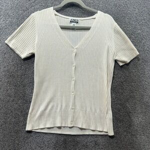 VTG Jones Studio Cardigan Sweater M Cream Ribbed Short Sleeve V-Neck Button Up